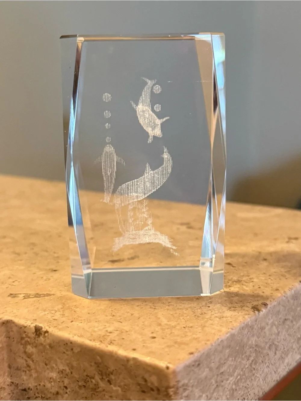 Vintage 3D Laser Etched Crystal Dolphin Glass Paperweight Decor